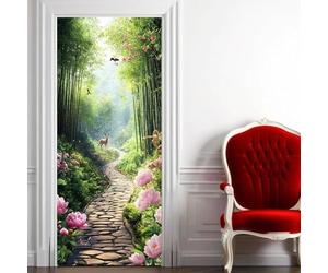 Sticker Porte Trompe l'oeil Effect 3D Forêt Autocollant Porte Scène de Jardin Stickers Muraux Papier Peint pour Chambre Salon Salle de Bain Cuisine Décoration 77x200 cm M-O4147