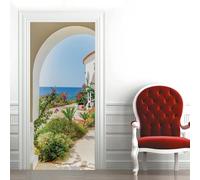 Sticker Porte Trompe l'oeil Effect 3D Jardin Extérieur Autocollant Porte Méditerranéenne Stickers Muraux Papier Peint pour Chambre Salon Salle de Bain Cuisine Décoration 77x200 cm M-O3307