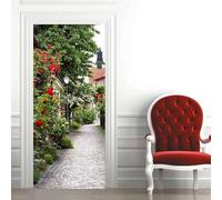 Sticker Porte Trompe l'oeil Effect 3D Jardin Extérieur Autocollant Porte Paysage Rural Stickers Muraux Papier Peint pour Chambre Salon Salle de Bain Cuisine Décoration 90x200 cm M-O3710
