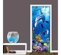 Sticker Porte Trompe l'oeil Effect 3D Monde sous-marin pour Décoration Mur Salon Cuisine Chambre Salle de Bain Papier Peint L77 x H200cm