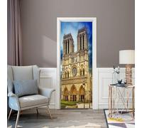 Sticker Porte Trompe l'oeil Effect 3D Notre-Dame de Paris Autocollant de Porte Bâtiments Célèbres Auto-adhésif Papier Muraux PVC étanche pour Salon Chambre 85x200 cm B-4425