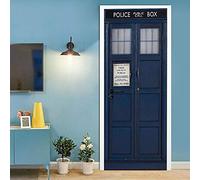 Sticker Porte Trompe l'oeil Effect 3D Poster Trompe l'oeil Porte Mural Intérieure pour Décoration Mur Salon Cuisine Chambre Salle de Bain Papier Peint 83x204 cm Portes en bois bleu