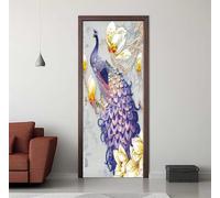 Sticker Porte Trompe l'oeil Effect 77X200cm 3D Papier Peint pour Porte Intérieures Fleur Paon Poster Portes Auto-adhésif PVC Autocollant Mural Décoration Amovible Imperméable Stickers Muraux -DS3033