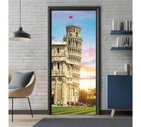 Sticker Porte Trompe l'oeil Effect 77X200cm 3D Papier Peint pour Porte Intérieures Italie Tour Penchée Auto-adhésif PVC Autocollant Mural Décoration Amovible Imperméable Stickers Muraux -DS2984