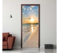 Sticker Porte Trompe l'oeil Effect 86x200cm 3D Papier Peint pour Porte Intérieures Coucher de Soleil Plage de Sable Poster Portes PVC Autocollant Mural Décoration Amovible Imperméable -DS1701
