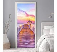 Sticker Porte Trompe l'oeil Effect 86x200cm 3D Papier Peint pour Porte Intérieures Pont en Bois Coucher de Soleil PVC Autocollant Mural Décoration Amovible Imperméable Stickers Muraux Art-DS2131