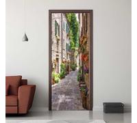 Sticker Porte Trompe l'oeil Effect 95X215cm 3D Papier Peint pour Porte Intérieures Fleurs Petite Ville Auto-adhésif PVC Autocollant Mural Décoration Amovible Imperméable Stickers Muraux -DS3129