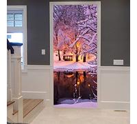 Sticker Porte Trompe L'Oeil Effect Papier Peint 3D Pour Porte Intérieure Bureau Chambre À Coucher Salon Salle De Bain Paysage De Forêt De Rivière D'Hiver 80 X 200 Cm - Photos De Porte - Peintures Mur