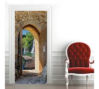 Sticker porte Trompe l'oeil Effect Papier Peint 3d pour Porte Photo Stickers Muraux Auto-adhésif Autocollants PVC Imperméable pour Chambre Salle de Bain Cuisine Décoration 63x205 cm Style marocain