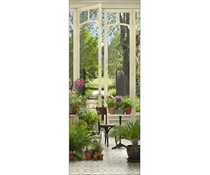 Sticker porte, trompe l'oeil jardin d'hiver, pièce ancienne avec accès sur le jardin, 204 cm X 60 cm