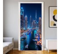 Sticker Porte Trompe-l'oeil Paysage Urbain Effect 3D Poster Porte Auto-Adhésif Vue Nocturne de la Ville Moderne Autocollant 68x200 cm Imperméable et Amovible pour Salon, Chambre et Cuisine m.3352