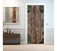 Sticker Porte Trompe-l'oeil Planche de Bois Rustique Effect 3D Poster Porte Auto-Adhésif Feuilles de Palmier Autocollant 68x200 cm Imperméable et Amovible pour Salon, Chambre et Cuisine m.4012