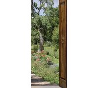 Sticker porte, trompe l'oeil porte en bois sur un jardin fleuri, chemin de pavé, 204 cm X 60 cm
