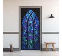 Sticker Porte Vitrail Fleur Violet Bleu, Autocollant Porte Orchidée, Stickers Muraux pour Salon Chambre Décoration de la Maison, Papier Peint Auto-Adhésif Amovible Imperméable 86x200cm