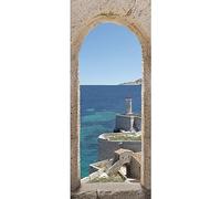 Sticker porte, vue chemin de ronde bord de la mer le long de fortifications en pierre, 204 cm X 73 cm