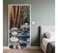 Sticker Porte Zen, Sticker Mural Porte 73x205 cm Bouddha 3D Feuilles de Bambou Lotus Rivière, pour Salon Chambre Décoration De La Maison Muraux Imperméable Stickers Amovibles