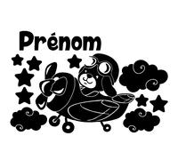 Sticker prénom personnalisable ourson dans l'avion et nuages