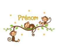 Sticker prénom personnalisé 3 singes bébé sur une branche