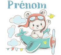 Sticker prénom personnalisé ours voyage en avion