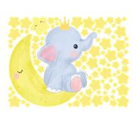 Sticker prince éléphant assis sur la lune + 80 étoiles