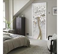 sticker salle de bain 80x200cm(31.49 inches * 78.74 inches)Blanc fleurs Papier Peint Porte 3D photo mural Art wallpaper colle Stickers de Porte Trompe l'oeil 3D Pour Salon Chambre Salle De Bain Decora