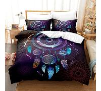 Sticker Superb 3D Galaxie Licorne Housse de Couette avec Taie d'oreiller Microfibre, Attrapeur de Rêves Plume Bohême Parures de Lit Housse de Couette avec Fermeture éclair (Mauve,180_x_210_cm)