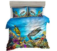 Sticker Superb 3D Mer Tortue Parures de Lit avec Taie d'oreiller 1 Persona,Monde sous-Marin Bleu Fond de Récif de Corail Housse de Couette Enfant Jeunesse Décoration de la Chambre (Bleu 1, 140x200cm)