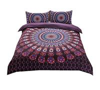 Sticker superb Bohême Hippie Animal l'éléphant Noir Violet Housse de Couette avec Taie d'oreiller, Boho Mandala Indien Fleur Bleu Parures de Lit 220x240cm 3 Pièces (Violet)