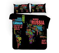 Sticker Superb Housse de Couette Carte du Monde Lot de 3,World Map Carte Antique Style Rétro Océan Bleu Terre Jaune Parures de Lit,Microfibre Douce, 2 Taies d'oreiller (Noir, 200_x_200_cm)