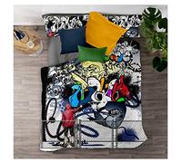 Sticker Superb Housse de Couette et Taie d'oreiller Style Hip Hop en Microfibre, Motif de Graffiti Bleu et Noir dans La Rue, Garçon Fille 1/2 Personne Parure de lit (Style 2,220_x_240_cm)