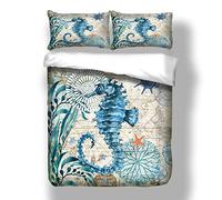 Sticker superb Mystère Mer Animal Voyage Carte Parures de Lit avec Taie d'oreiller, 3D Bleu Hippocampe Dauphin Chambre Décoration Housse de Couette Hiver L'automne (Hippocampe, 220x240cm)