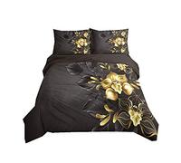 Sticker Superb Parure de Lit 1/2 Personne Romantique Roses 3D Impression Numérique Noir Or Rouge Bleu Microfibre Fille Femme Housse de Couette avec Taie d'oreiller (Noir, 220_x_240_cm)