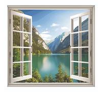 Sticker Trompe l’oeil Fenêtre Lac Montagne | adhésifs Effet 3D | Stickers muraux Chambre adulte - Sticker Mural 3D - Vue panoramique - Adhesif Mural Trompe l'oeil Chambre