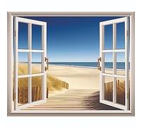 Sticker Trompe l’oeil Fenêtre Sable | adhésifs Effet 3D | Stickers muraux Chambre adulte - Sticker Mural 3D - Vue panoramique - Adhesif Mural Trompe l'oeil Chambre (70x57 cm)