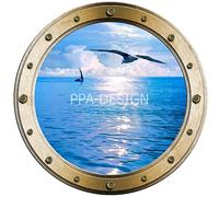 Sticker Trompe l'oeil Hublot Mer Mouette Voilier - W1026 (20x20cm)