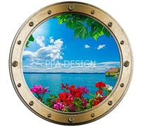 Sticker Trompe l'oeil Hublot Vue sur la Mer Fleurs - W1029 (50x50cm)