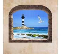 Sticker trompe l'oeil Mer phare et mouette