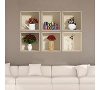 Stickers adhésifs 3D | Sticker Mural Autocollant effet 3D Love Home et bouquets des fleurs - Stickers muraux Chambre - Stickers muraux 3D - Déco Salon - Autocollants muraux Trompe l'oeil | 60x90cm