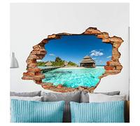 Stickers adhésifs Effet 3D | Sticker Autocollant Bungalows sur île tropicale - Décoration murale trompe l'œil Chambre et Salon - 60 x 90 cm