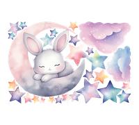 Stickers animaux lapin rêveur sur la lune aquarelle