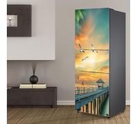 Stickers autocollants pour frigo, autocollant de réfrigérateur couvrant entièrement la porte du réfrigérateur, autocollants muraux pour décalcomanie de cuisine, paysage de coucher de soleil d'oiseaux