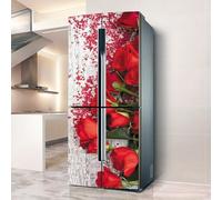 Stickers autocollants pour frigo, autocollant de réfrigérateur couvrant entièrement la porte du réfrigérateur muraux pour décalcomanie de cuisine, fleur de rose rouge romantique