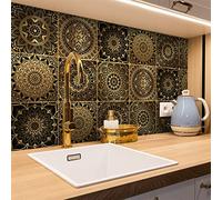 Stickers Carrelage Mandala En Or Noir Adhesive Murale,Stickers Carrelage Auto-Adhésif En Pvc Autocollant En Tuile,Imperméable Effet Carreaux Pour Salle De Bain Cuisine（20X20,12Pcs）