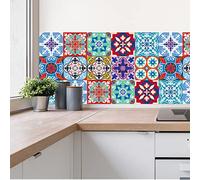 Stickers Carrelage Modèle Coloré Rétro Autocollant Carreau, Auto-Adhésif Autocollant Fond D'écran Résistant à la Chaleur Étanche Dosseret pour Cuisine Salle de Bâton 30PCS（15x15cm）