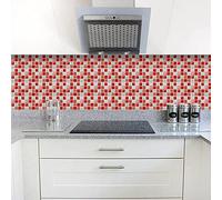 Stickers Cuisine Damier Blanc Rouge Stickers Muraux Cuisine Adhesive pour Cuisine Carrelage Adhesif Mural Salle de Bains Étanche Papier Peint 10x10cm