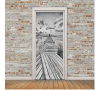 Stickers De Porte, 3D Intérieure Chambre Décoration Trompe L'Oeil Paysage Marin De Pont En Bois Noir & Blanc Imperméablen,90 x