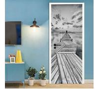 Stickers De Porte, 3D Intérieure Chambre Décoration Trompe L'Oeil Paysage Marin De Pont En Bois Noir & Blanc Imperméablen,77 x