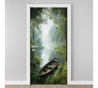 Stickers de Porte Forêt Rivière Autocollants de Porte Trompe l'oeil Mural Lac Bateau Rustique Affiche Sticker Autocollants PVC de Décoration Étanche Amovible Chambre Salon Cuisine Salle 63x205 cm