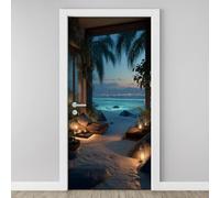 Stickers de Porte Palmier Plage Autocollants de Porte Trompe l'oeil Mural Vue sur l'Océan Tropical Affiche de Autocollants PVC de Décoration Étanche Amovible Chambre Salon Cuisine Salle 63x205 cm