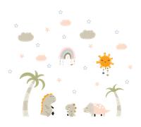 Stickers dinosaures en famille sous l’arc-en-ciel